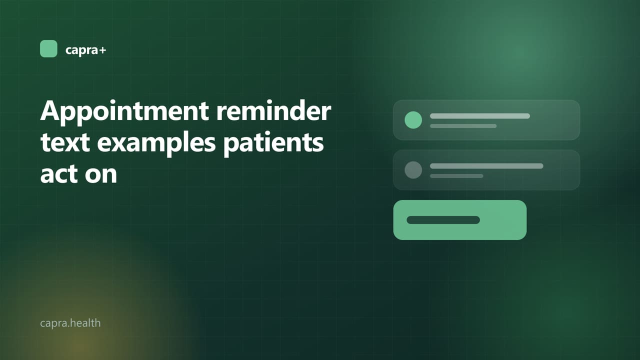 Illustrated cover: message bubbles on a dark green background with the title Appointment reminder text examples patients act on