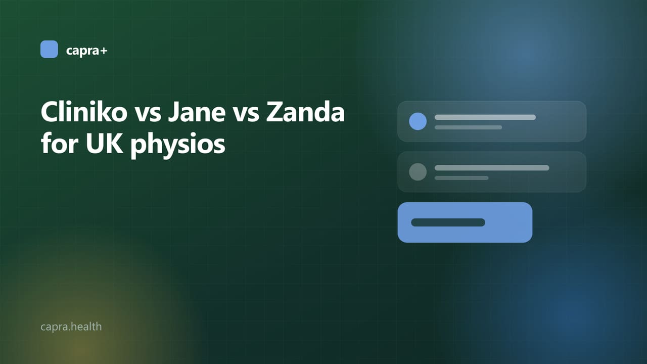 Illustrated cover: three comparison columns on a dark green background with the title Cliniko vs Jane vs Zanda for UK physios