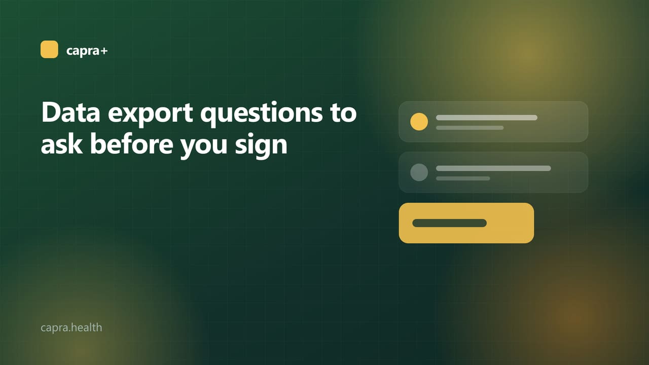 Illustrated cover: an export checklist card on a dark green background with the title Data export questions to ask before you sign