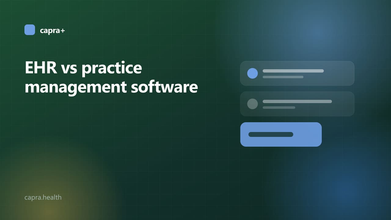 Illustrated cover: two overlapping cards labeled clinical and practice on a dark green background with the title EHR vs practice management software