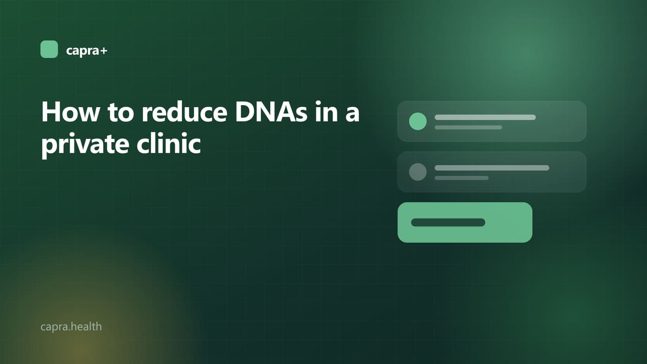 Illustrated cover: a reminder sequence on a dark green card with the title How to reduce DNAs in a private clinic