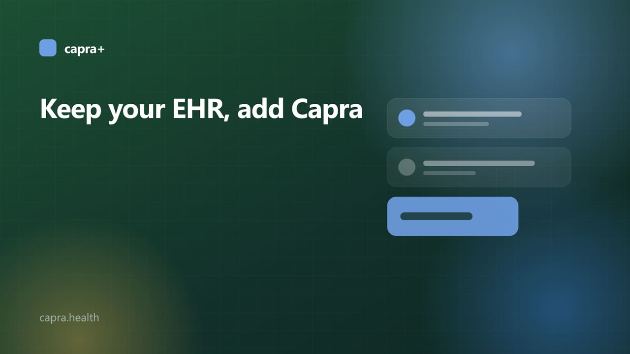 Illustrated cover: two connected record cards on a dark green background with the title Keep your EHR, add Capra
