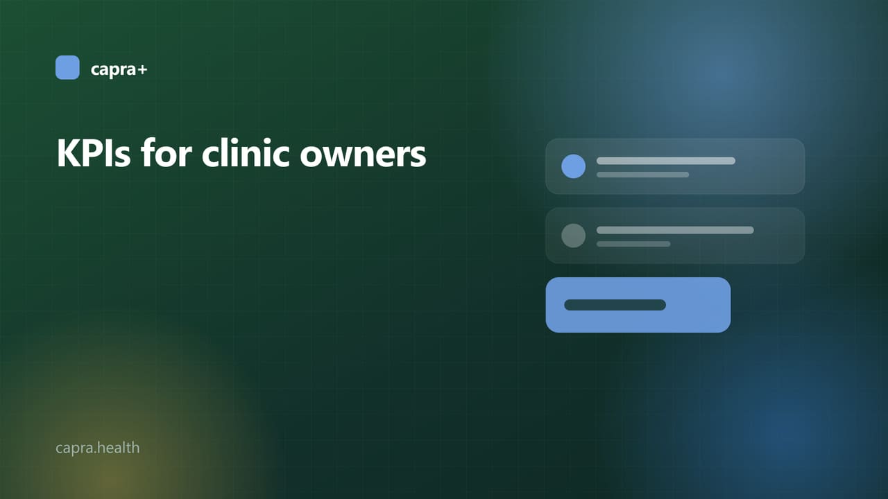 Illustrated cover: seven metric tiles on a dark green background with the title KPIs for clinic owners