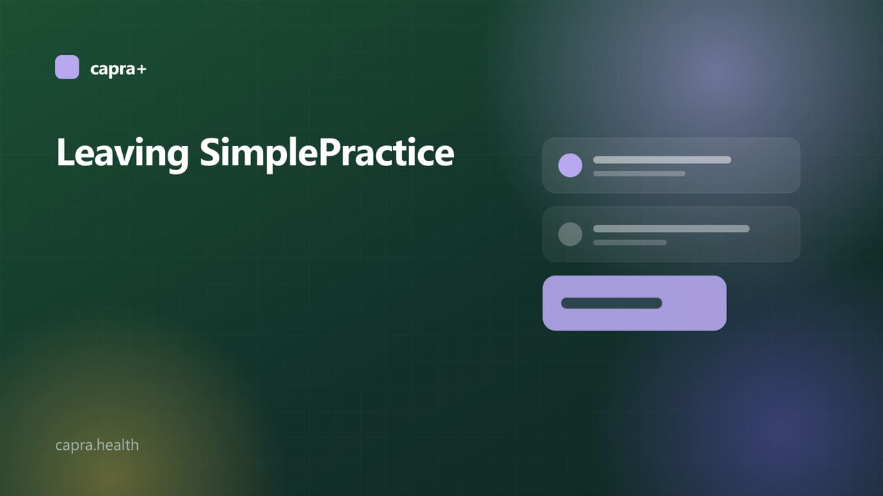 Illustrated cover: a moving-boxes checklist on a dark green background with the title Leaving SimplePractice