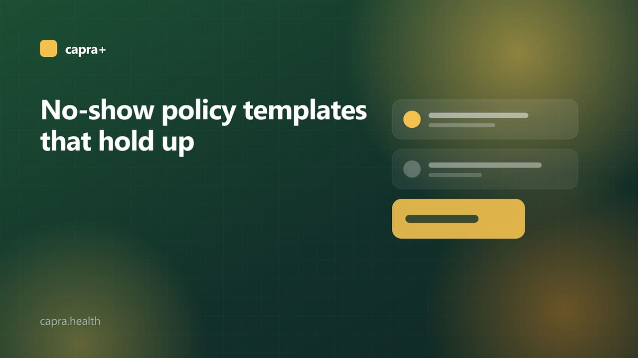 Illustrated cover: a policy card on a dark green background with the title No-show policy templates that hold up