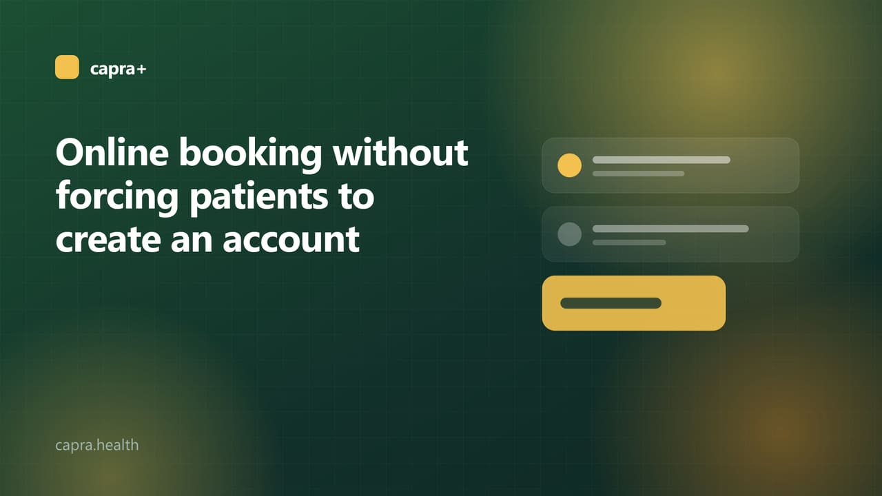 Illustrated cover: a booking form card on a dark green background with the title Online booking without forcing patients to create an account