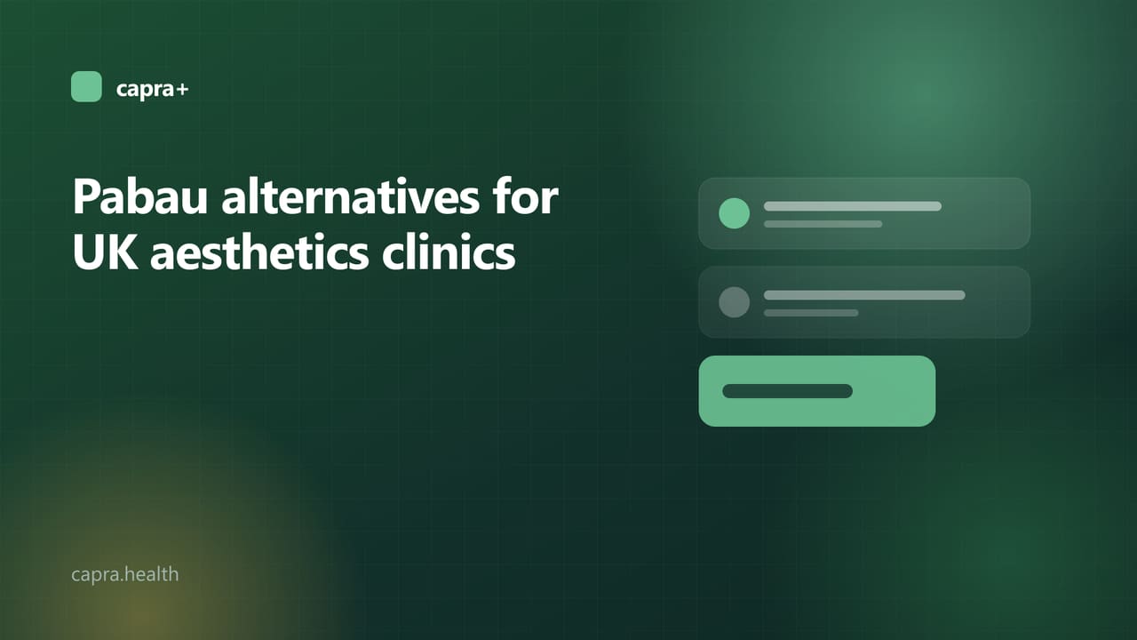 Illustrated cover: a clinic checklist card on a dark green background with the title Pabau alternatives for UK aesthetics clinics