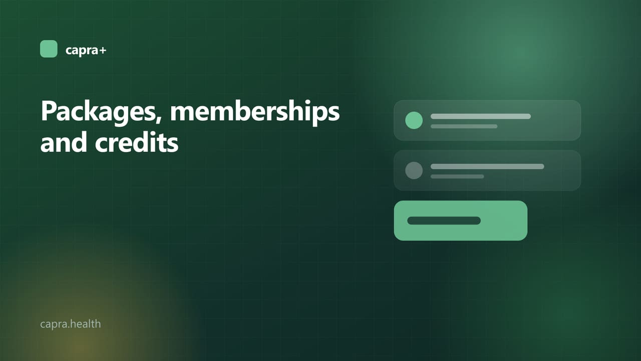 Illustrated cover: a course-of-six tracker card on a dark green background with the title Packages, memberships and credits