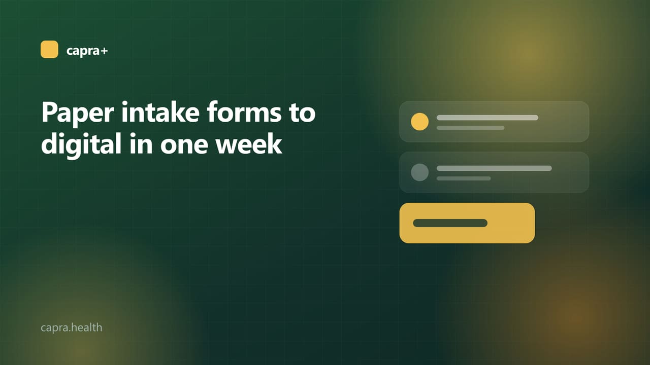 Illustrated cover: a clipboard turning into a phone form on a dark green background with the title Paper intake forms to digital in one week