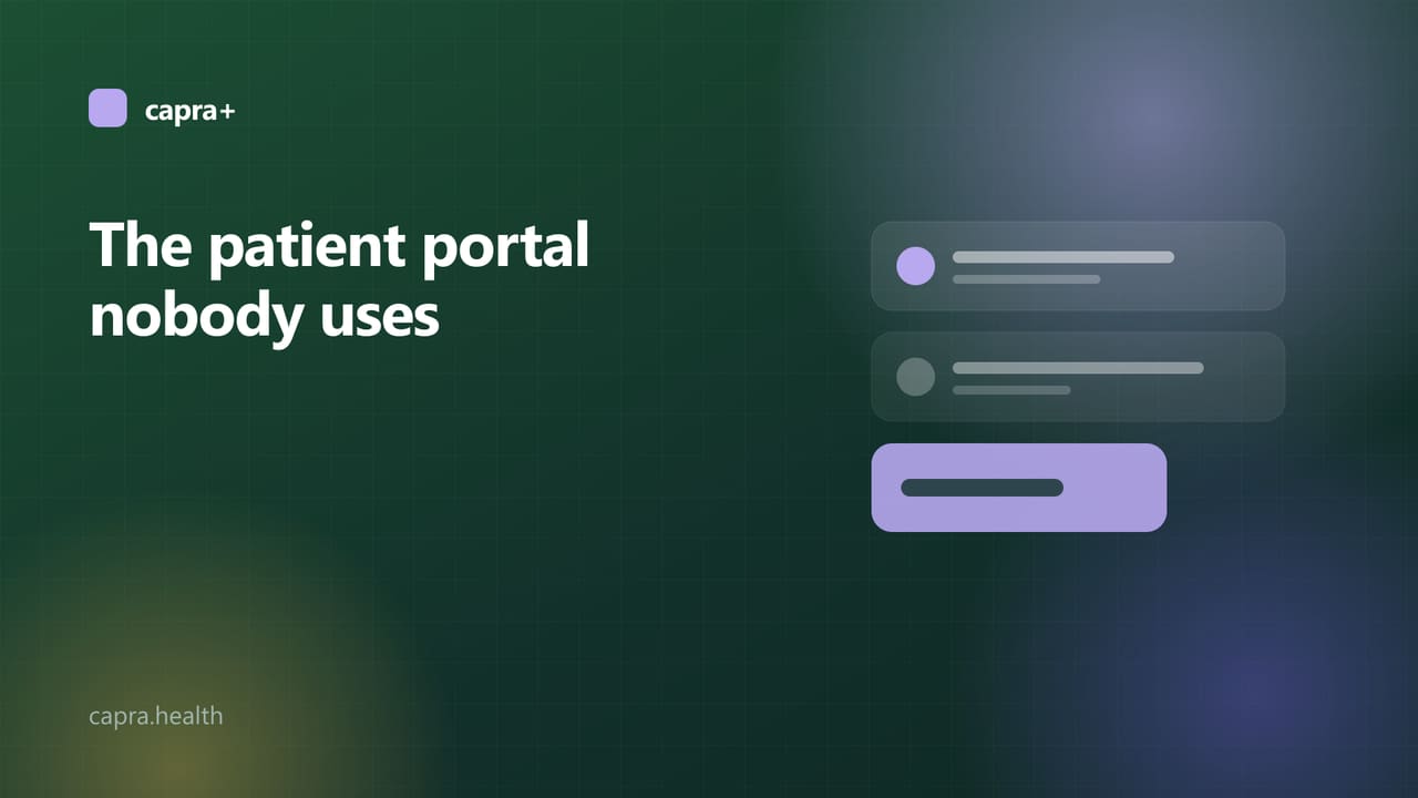 Illustrated cover: a login screen crossed out beside a message link on a dark green background with the title The patient portal nobody uses