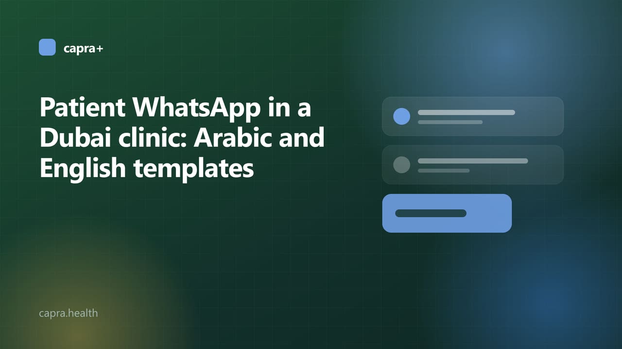 Illustrated cover: bilingual message cards on a dark green background with the title Setting up patient WhatsApp in a Dubai clinic