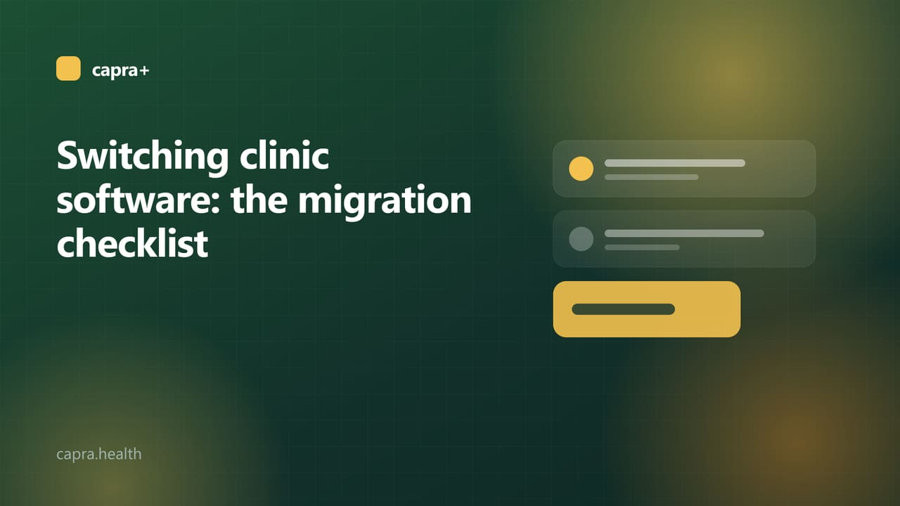 Illustrated cover: a four-step migration checklist on a dark green background with the title Switching clinic software migration checklist