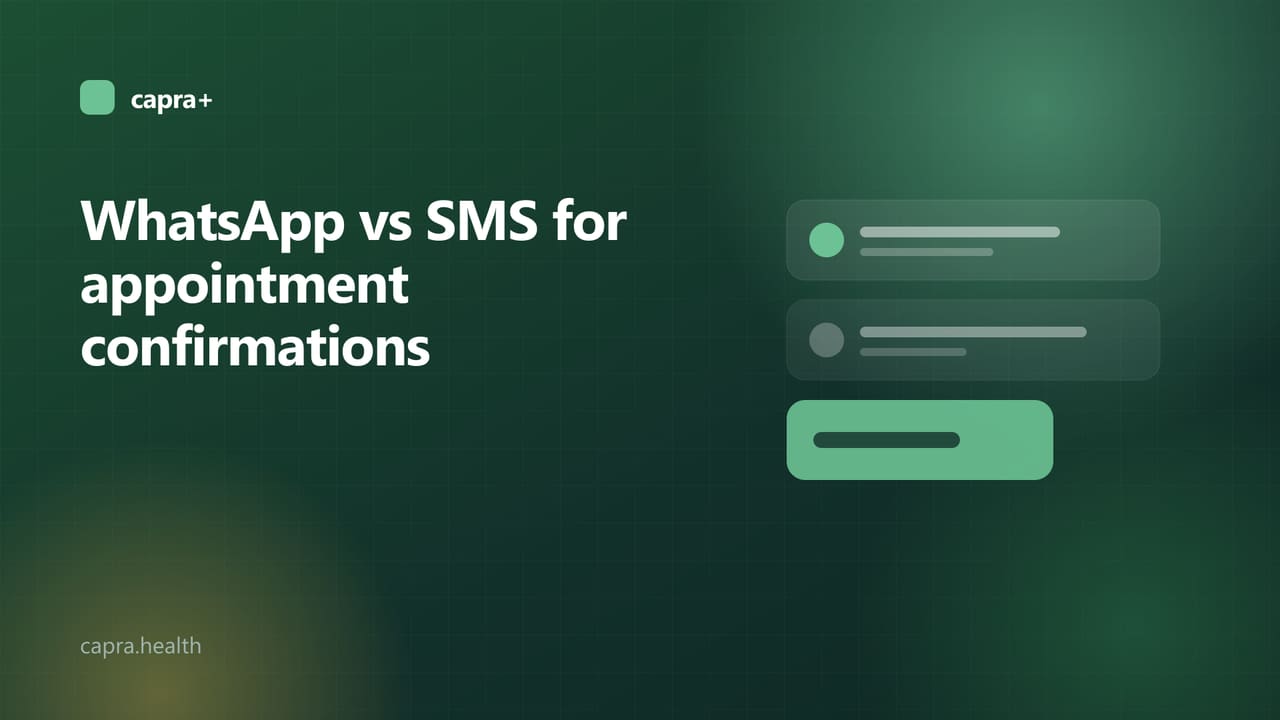 Illustrated cover: two message cards side by side on a dark green background with the title WhatsApp vs SMS for appointment confirmations