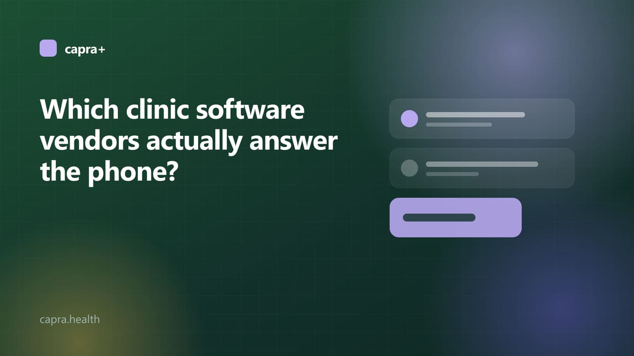 Illustrated cover: a support-channels card on a dark green background with the title Which clinic software vendors actually answer the phone