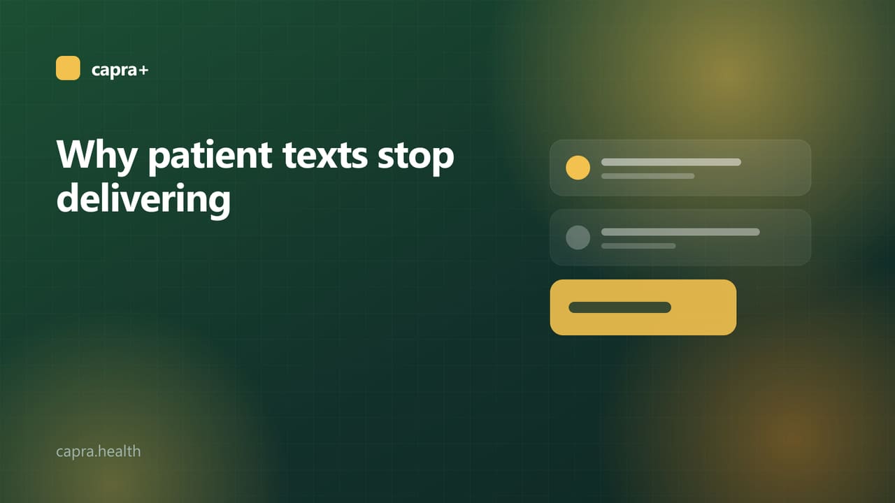 Illustrated cover: a message card with a delivery status on a dark green background with the title Why patient texts stop delivering